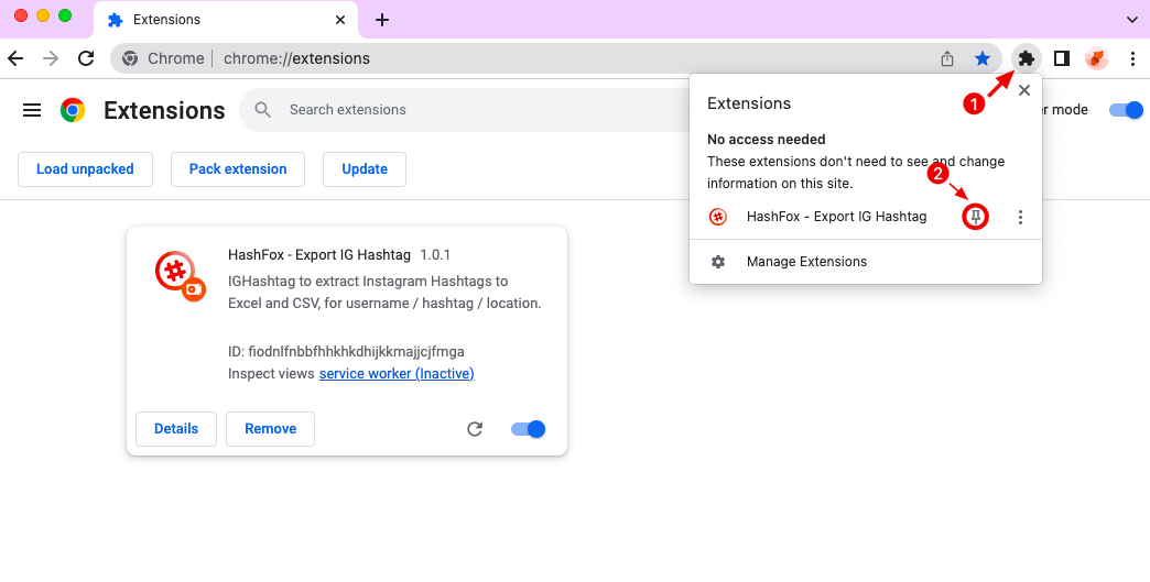 IG Hashtag Exporter chrome extension install pin